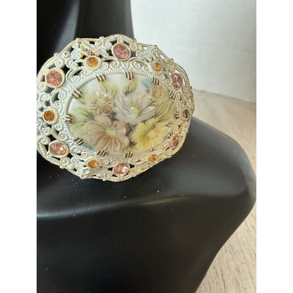 Germany Floral Enamel Hand-Painted Brooch, Clip on Earrings Set Rhinestone Vtg - Picture 10 of 15